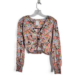 SO Black Floral Tie Front Long Sleeve VNeck Blouse Size Small